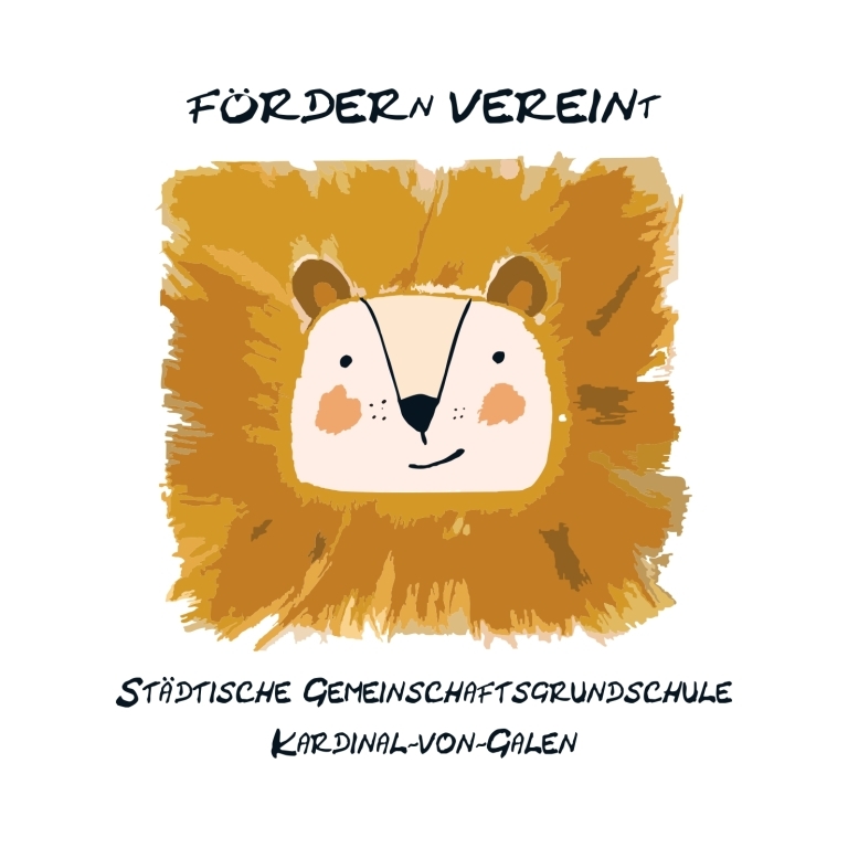 Das Logo des Fördervereins; eine bildliche Darstellung eines Löwenkopfes, Schrift: FÖRDERnVEREINt - STÄDTISCHE GEMEINSCHAFTSGRUNDSCHULE KARDINAL-VON-GALEN