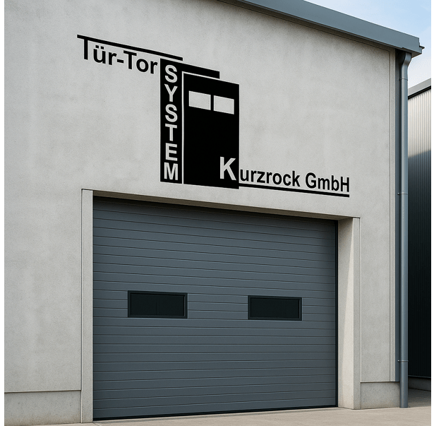 Gebäude von Tür- & Torsysteme Kurzrock; ein Tor, über dem der Firmen-Schriftzug zu lesen ist.  