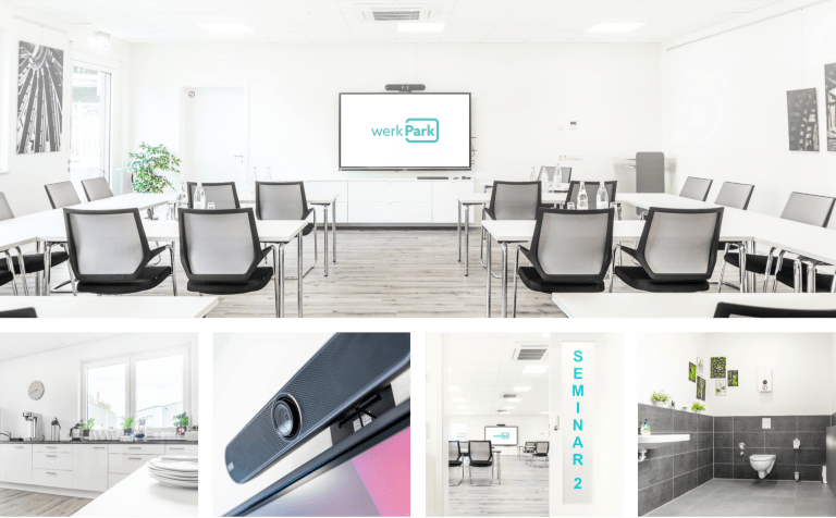 Moderne, barrierefreie Seminarräume im werkPark Waltrop mit 98″ Touch-Display, Videokonferenztechnik, Küche und flexibler Bestuhlung – ideal für Seminare, Trainings & Workshops.