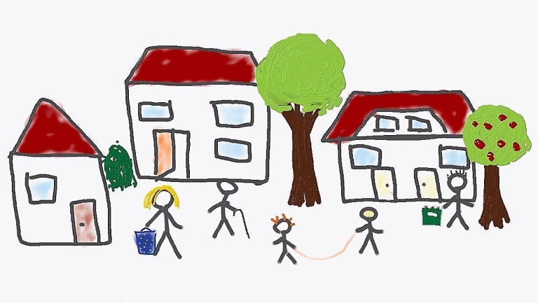 Logo des Vereins: mehrere Häuser und Bäume/ Strichmännchen, die spielen, spazieren oder einkaufen