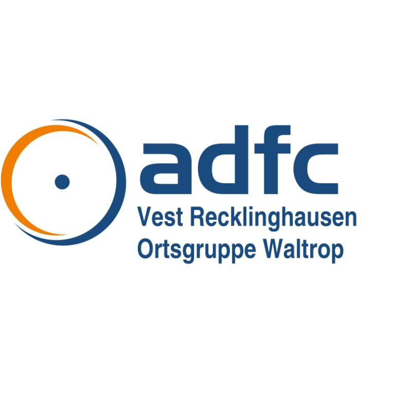 Logo des ADFC Ortsgruppe Waltrop, blaue Schrift: adfc Vest Recklinghausen Ortsgruppe Waltrop, Rad-Grafik in Blau und Orange 