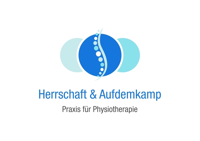 Praxislogo: türkisfarbene/blaue Kreise; blaue Schrift: Herrschaft & Aufdemkamp, schwarze Schrift: Praxis für Physiotherapie