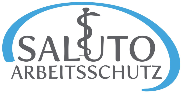 Firmenlogo mit blauem Halbkreis, schwarze Schrift: Saluto Arbeitsschutz