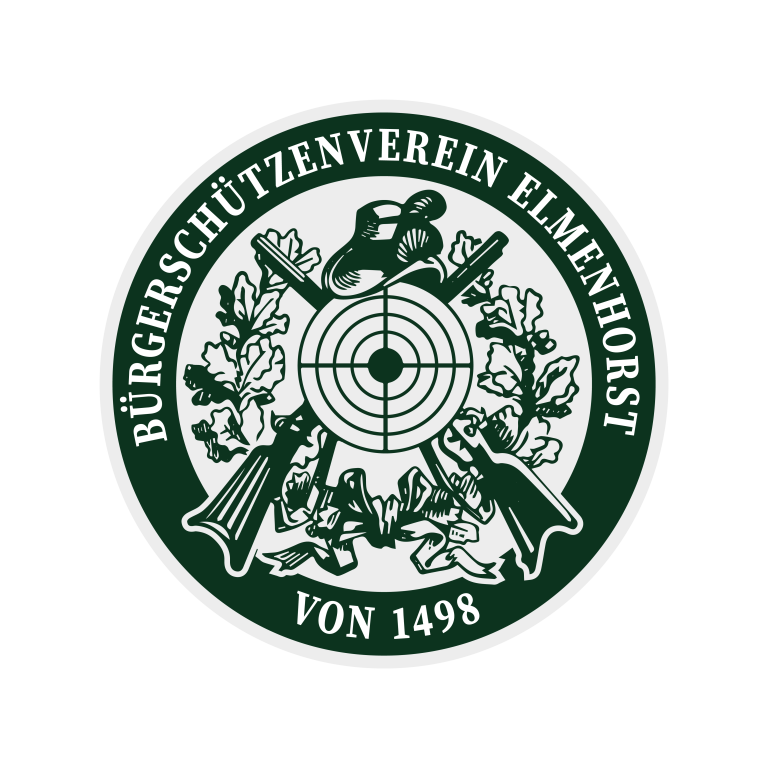 Wappen BSV-Elmenhorst; Schrift: Bürgerschützenverein Elmenhorst von 1498, grafische Darstellung von einer Zielscheibe, zwei Gewehren, einem Schützenhut und einem Lorbeerkranz. 