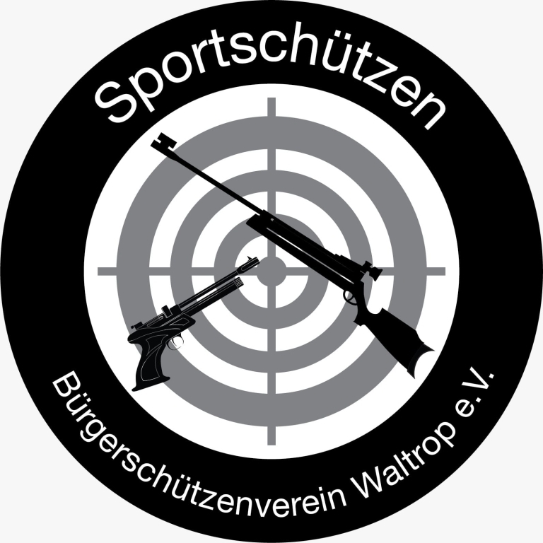 Vereinslogo in Schwarz, Grau und Weiß, Schrift im Bild Sportschützen Bürgerschützenverein Waltrop e.V., mittig eine Zielscheibe und zwei Gewehre