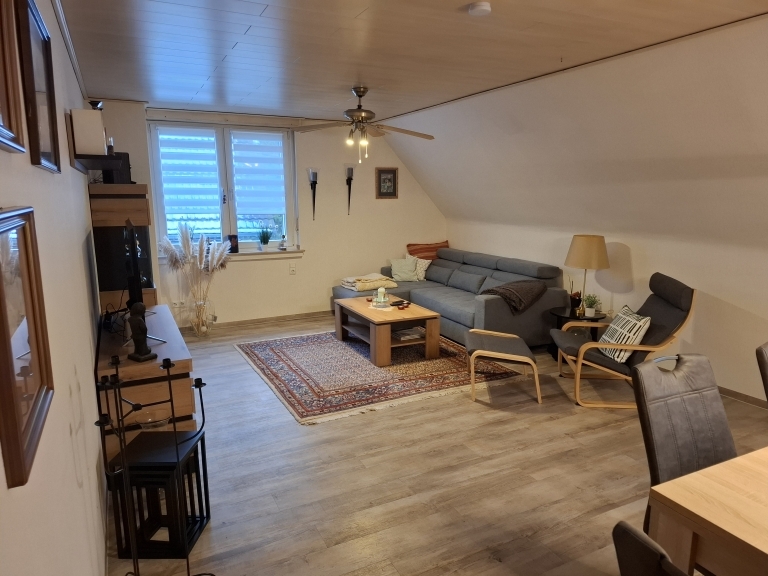 Wohnzimmer, Couch, Deckenventilator, Sessel, Lampen und weitere Möbel.
