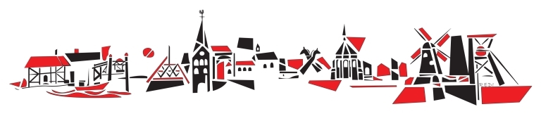 Historische Skyline von Waltrop in Rot und Schwarz mit markanten Gebäuden aus Waltrop, erstellt vom Künstler Paul Reding