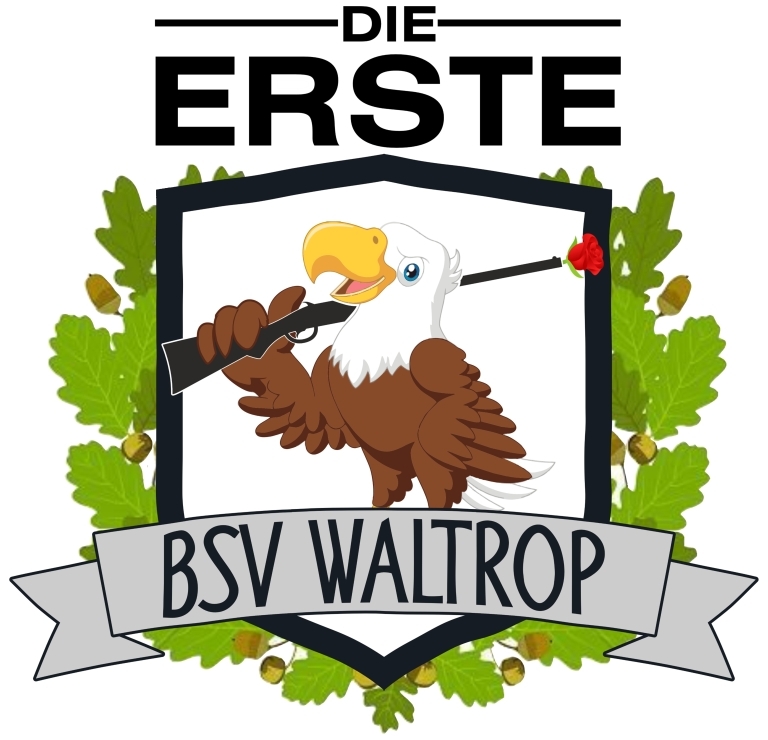 Logo des BSV Waltrop (schwarze Schrift auf grauem Banner) mit einem gezeichneten Adler, einem Wappen und grünem Eichenblattkranz.  