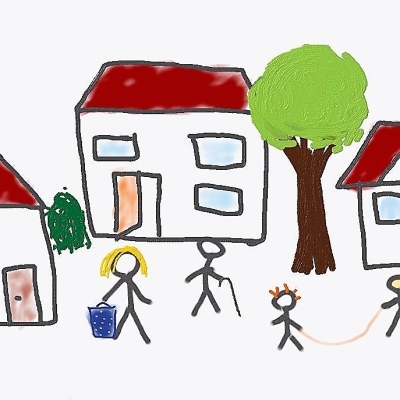 Logo des Vereins: mehrere Häuser und Bäume/ Strichmännchen, die spielen, spazieren oder einkaufen