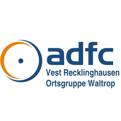 Logo des ADFC Ortsgruppe Waltrop, blaue Schrift: adfc Vest Recklinghausen Ortsgruppe Waltrop, Rad-Grafik in Blau und Orange 