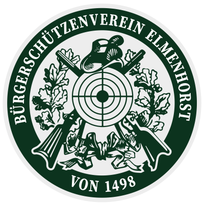 Wappen BSV-Elmenhorst; Schrift: Bürgerschützenverein Elmenhorst von 1498, grafische Darstellung von einer Zielscheibe, zwei Gewehren, einem Schützenhut und einem Lorbeerkranz. 