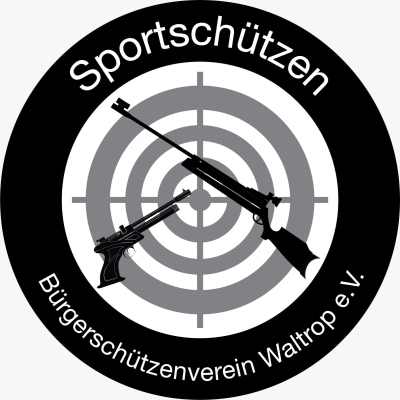 Vereinslogo in Schwarz, Grau und Weiß, Schrift im Bild Sportschützen Bürgerschützenverein Waltrop e.V., mittig eine Zielscheibe und zwei Gewehre
