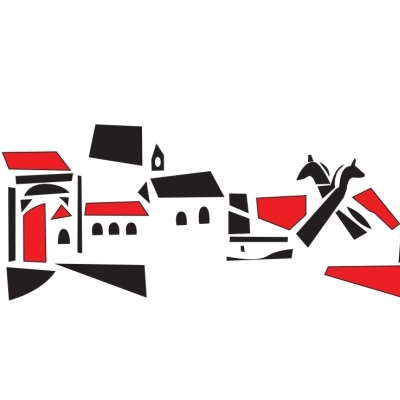 Historische Skyline von Waltrop in Rot und Schwarz mit markanten Gebäuden aus Waltrop, erstellt vom Künstler Paul Reding