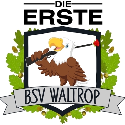 Logo des BSV Waltrop (schwarze Schrift auf grauem Banner) mit einem gezeichneten Adler, einem Wappen und grünem Eichenblattkranz.  