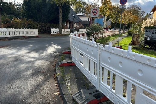Blick in die Sydowstraße in Waltrop, Bauzäune sind zu sehen, ein Haltverbot- und ein Zone-30-Schild sowie diverse Häuser, Vorgärten und Bäume.