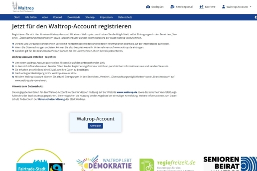 Screenshot der Website www.waltrop.de; Schrift im Bild: "Jetzt für den Waltrop-Account registrieren" und weitere Erklärungen. 