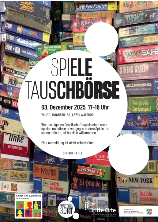 Veranstaltungsplakat: Spieletauschbörse im Yahoo am 3.12.2025