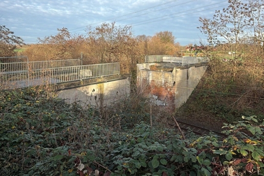 Zwei Widerlager der Eickel-Bahnbrücke an Bahngleisen, im Vorder- und Hintergrund Bäume und Sträucher. 
