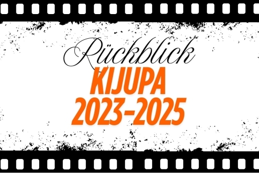 Titelseite der KiJuPa-Reporte: Schrift Rückblick KiJuPa 2023-2025 in Schwarz und Orangefarben