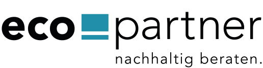 Logo des Unternehmens eco-partner; schwarze Schrift: eco-partner - nachhaltig beraten, türkisfarbene Balken.