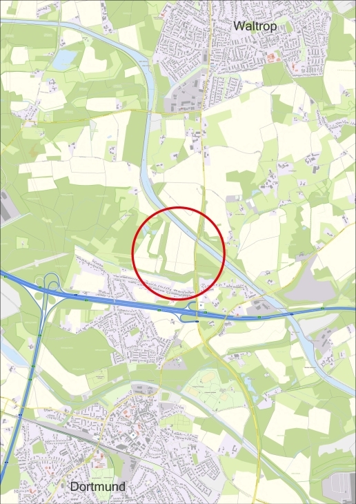 Ein Übersichtsplan, auf dem mit einem roten Kreis das Gewerbegebiet „Im Dicken Dören“ gekennzeichnet ist