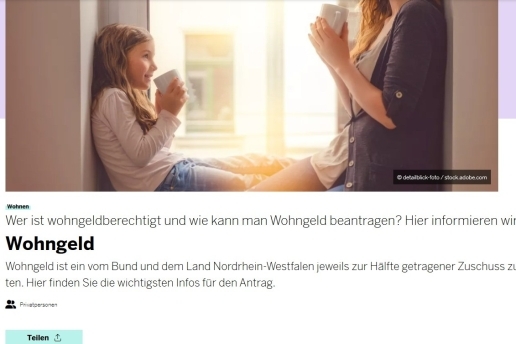 Screenshot: Internetseite des Digitalisierungs-Ministeriums NRW zur Wohngeld-Beantragung.