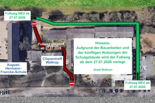 Weg zwischen Hafenstraße und Veiinghofwald: Luftbild mit grafischen Markierungen für die alte und neue Wegeführung.