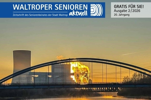 Cover der Zeitschrift Waltroper Senioren aktuell; Ausgabe 02/2026; Blick auf ein Brücke und das Dattelner Kraftwerk im Sonnenuntergang.