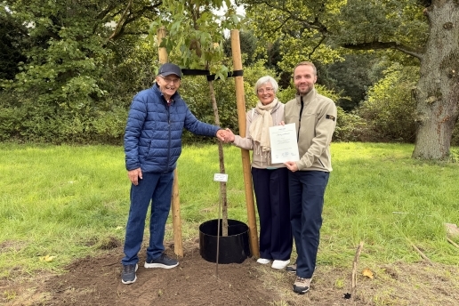 Ein Ehepaar und Bürgermeister Marcel Mittelbach stehen neben einem Baum. 