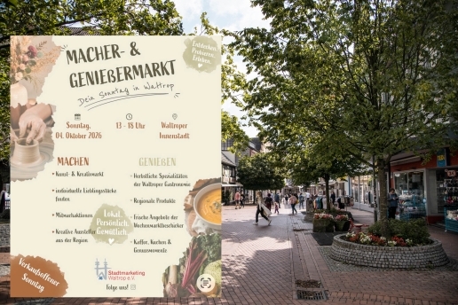 Fußgängerzone in Waltrop mit belaubten Bäumen, montiert ein Ankündigungsplakat "Macher- und Genießermarkt". 
