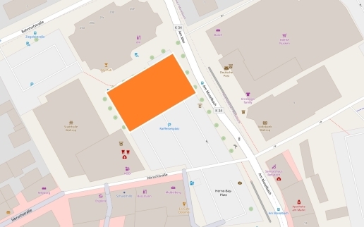 Kartenausschnitt Waltroper Innenstadt, orangefarbene Fläche kennzeichnet den Bereich, in dem künftig an Markttagen mit Parkscheibe geparkt werden kann.