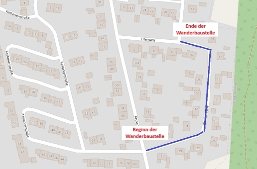Kartenausschnitt mit blau eingezeichneter  Linie; Text Ende der Wanderbaustelle, Anfang der Wanderbaustelle