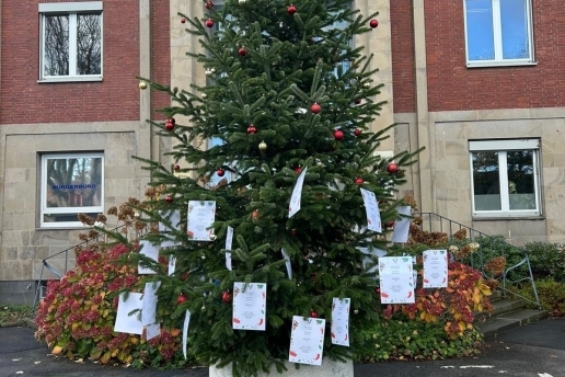 Ein geschmückter Tannenbaum steht vor dem Rathaus, daran hängen Zettel der Wunschbaum-Aktion.