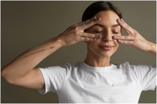 Auf dem Bild: Frau beim Gesichtsyoga