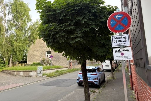 Blick in die Große-Geist-Straße, Bäume, parkende Autos, ein Haltverbotsschild ab 08.06.26