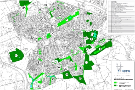 Übersichtskarte: "Lebensraum Grün" (Karte der Stadt Waltrop, in der alle Parkanlagen, Grünflächen und Waldgebiete im Stadtgebiet verzeichnet sind)