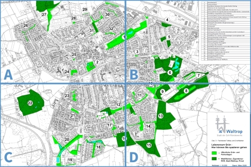 Übersichtskarte: "Lebensraum Grün" (Karte der Stadt Waltrop, in der alle Parkanlagen, Grünflächen und Waldgebiete im Stadtgebiet verzeichnet sind)