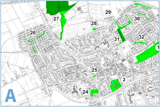 Übersichtskarte: "Lebensraum Grün" (Karte der Stadt Waltrop, in der alle Parkanlagen, Grünflächen und Waldgebiete im Stadtgebiet verzeichnet sind) [Ausschnitt]