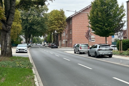 Hochstraße, rechts und links Bäume, parkende Autos und Häuser.
