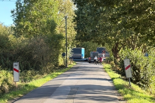 Ein Bahnübergang, entsprechende Schilder, ein vorbeifahrender Zug, Pkw und Radfahrende warten vor der Schranke, rundum Bäume und Grünflächen.