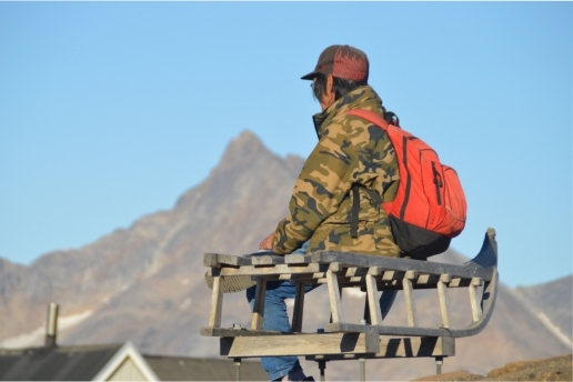 Bild von einer Reise nach Armenien: Ein Armenier auf einem Schlitten vor einem Bergpanorama.